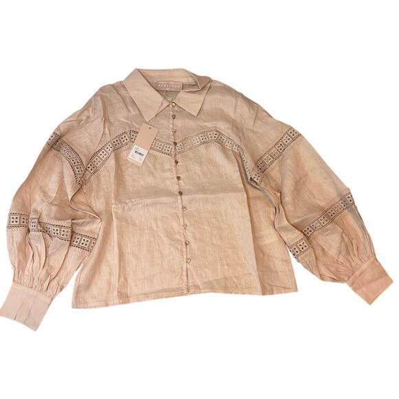 Keepsake Linen Lace Blouse Gold Button Long Sleeve Top L NWT - Picture 4 of 7